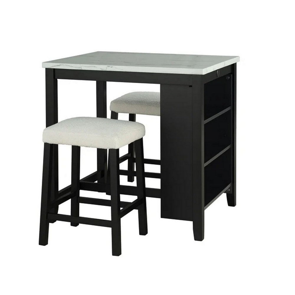Delby 3pc Counter Height Dining Set, USB Charging, White, Black Wood-BM356350