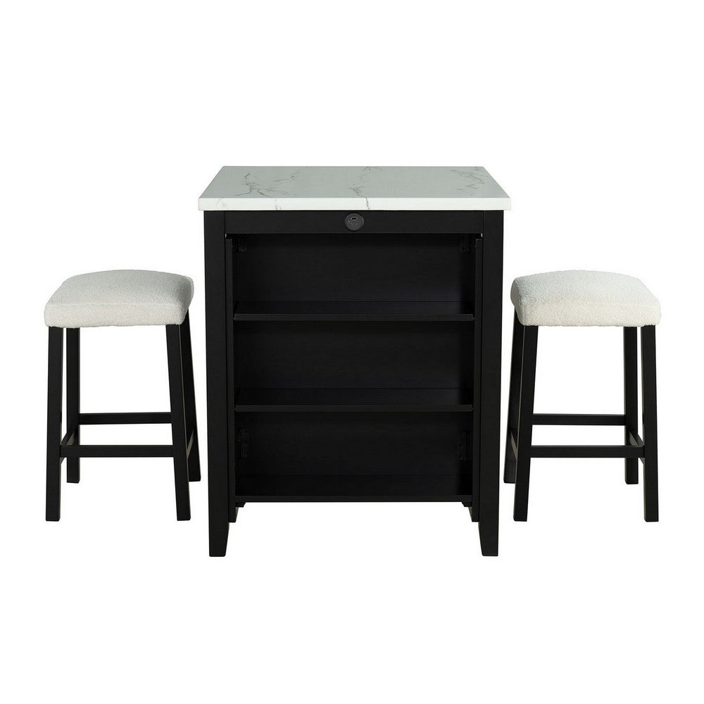 Delby 3pc Counter Height Dining Set, USB Charging, White, Black Wood-BM356350