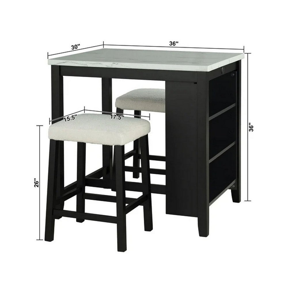 Delby 3pc Counter Height Dining Set, USB Charging, White, Black Wood-BM356350