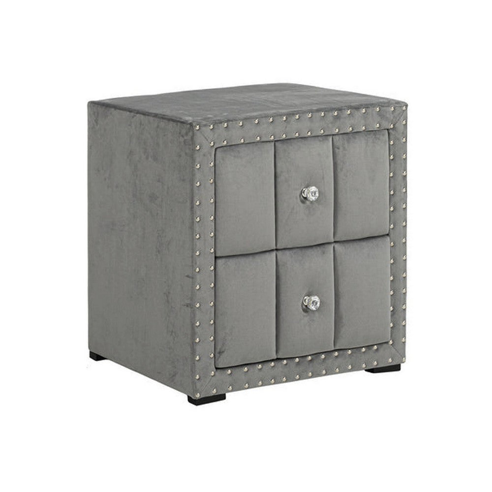 Fysa Nightstand with 2 Drawers, Nailhead Trim, Dark Gray Tufted Fabric-BM356356