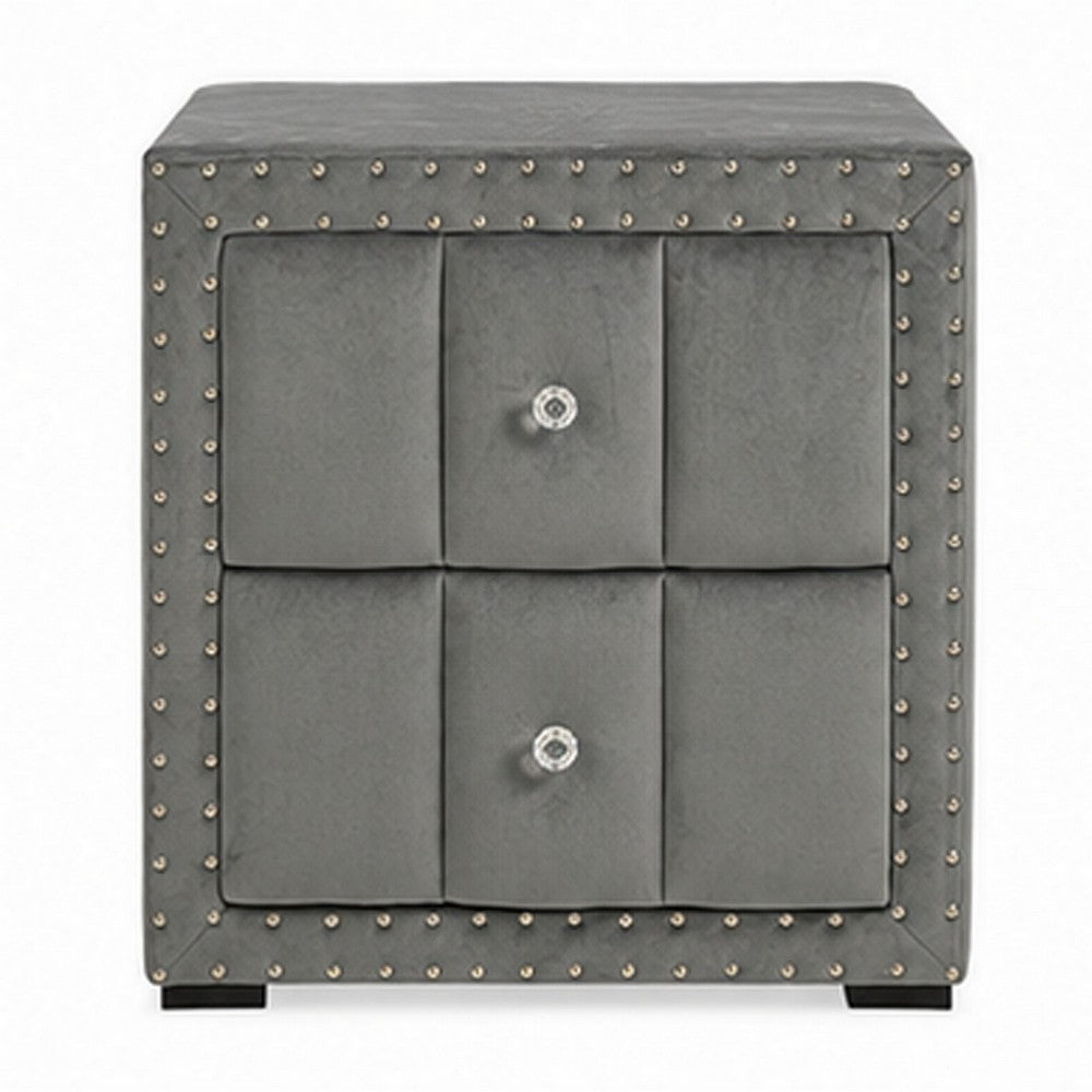 Fysa Nightstand with 2 Drawers, Nailhead Trim, Dark Gray Tufted Fabric-BM356356