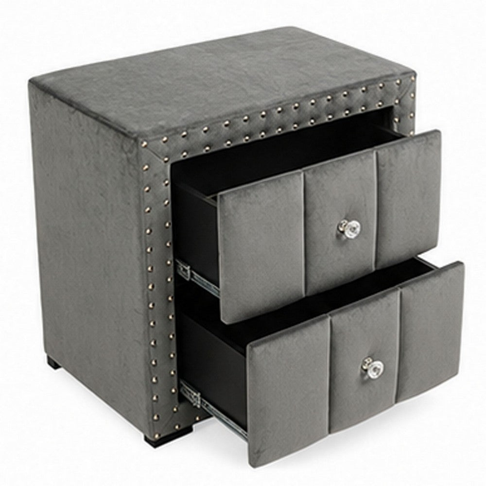 Fysa Nightstand with 2 Drawers, Nailhead Trim, Dark Gray Tufted Fabric-BM356356