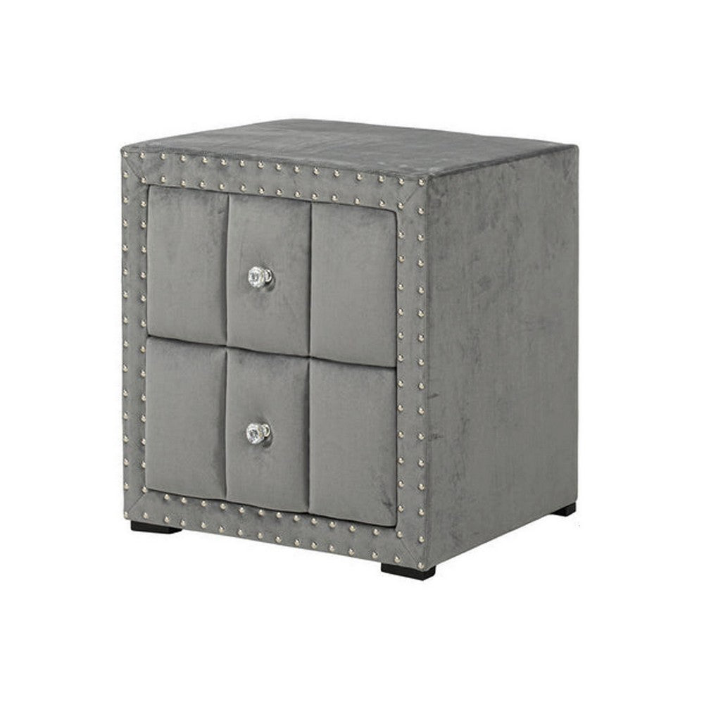 Fysa Nightstand with 2 Drawers, Nailhead Trim, Dark Gray Tufted Fabric-BM356356