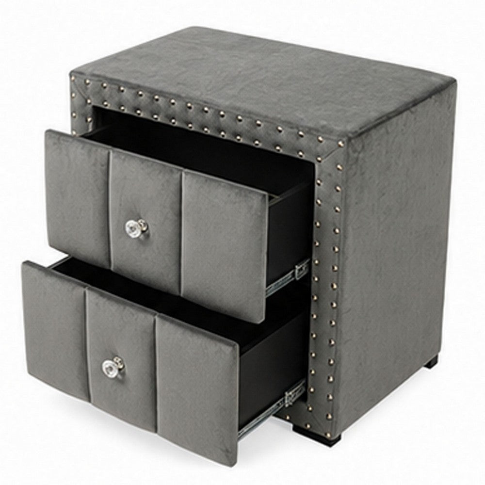 Fysa Nightstand with 2 Drawers, Nailhead Trim, Dark Gray Tufted Fabric-BM356356