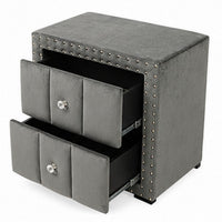 Fysa Nightstand with 2 Drawers, Nailhead Trim, Dark Gray Tufted Fabric-BM356356