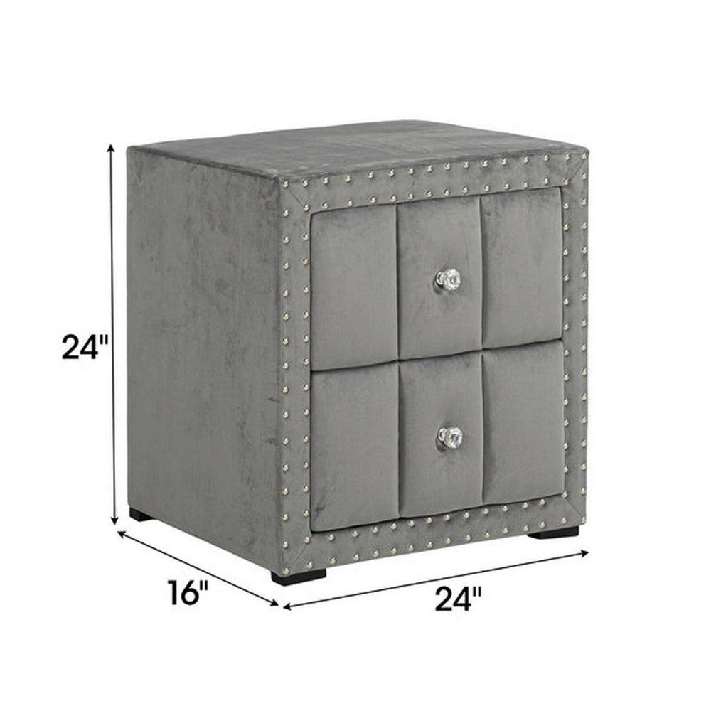 Fysa Nightstand with 2 Drawers, Nailhead Trim, Dark Gray Tufted Fabric-BM356356