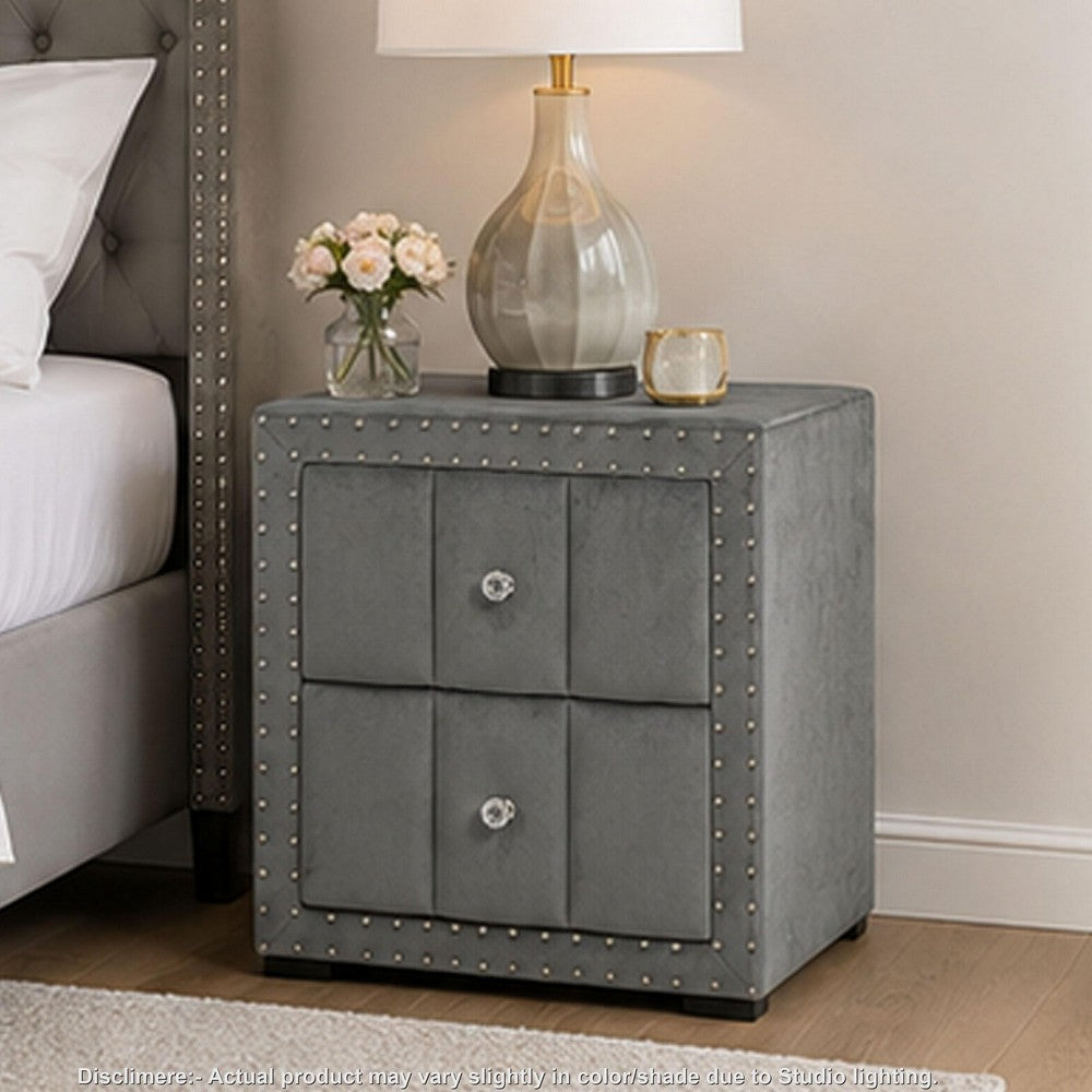 Fysa Nightstand with 2 Drawers, Nailhead Trim, Dark Gray Tufted Fabric-BM356356