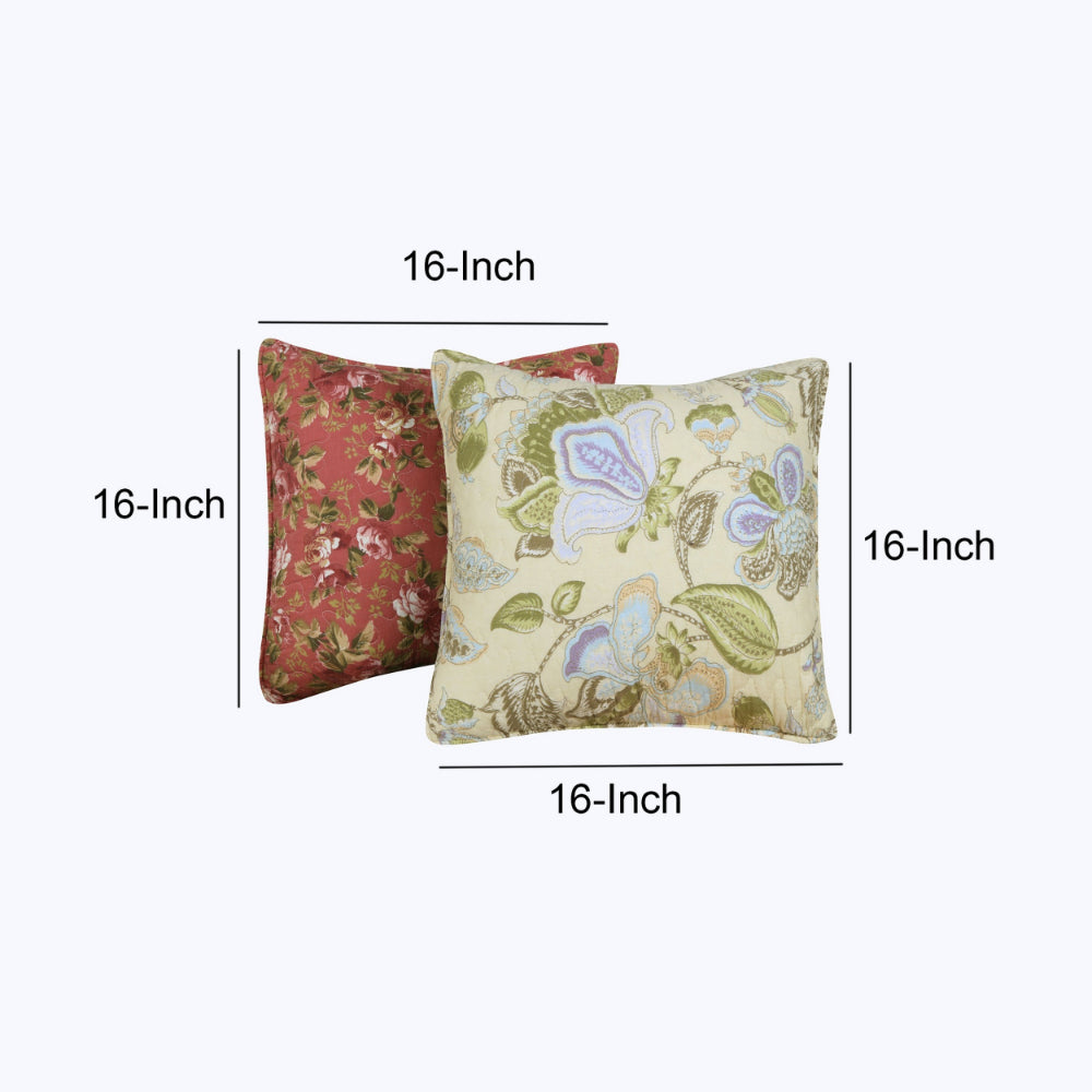 16 x 16 Two Piece Decorative Cotton Pillows with Floral Print, Multicolor - BM42259