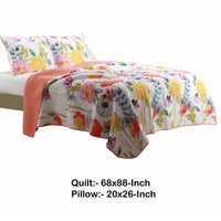 2 Piece Cotton Twin Size Quilt Set with Stencil Flower Print, Multicolor - BM42362