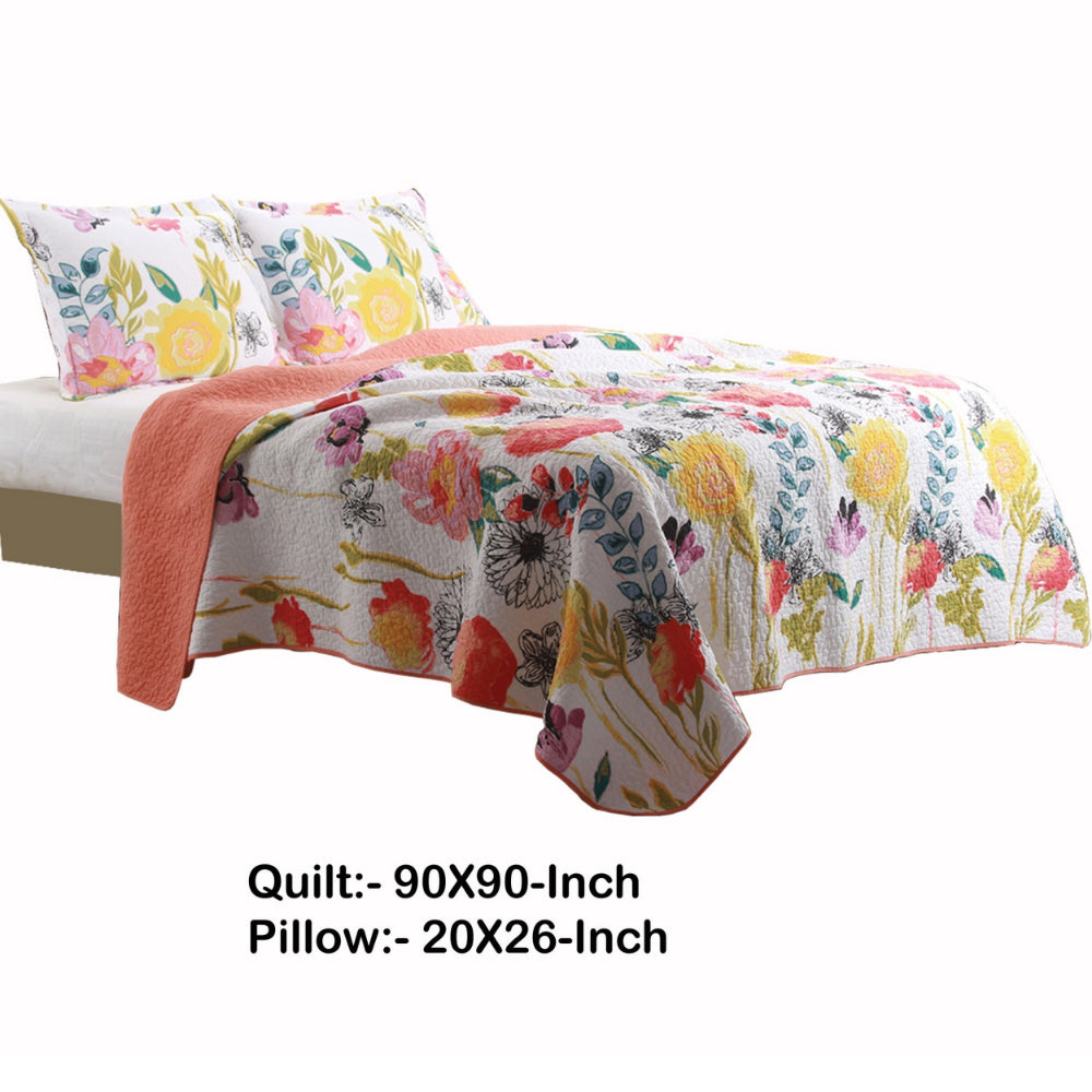 3 Piece Cotton Full Size Quilt Set with Stencil Flower Print, Multicolor - BM42363