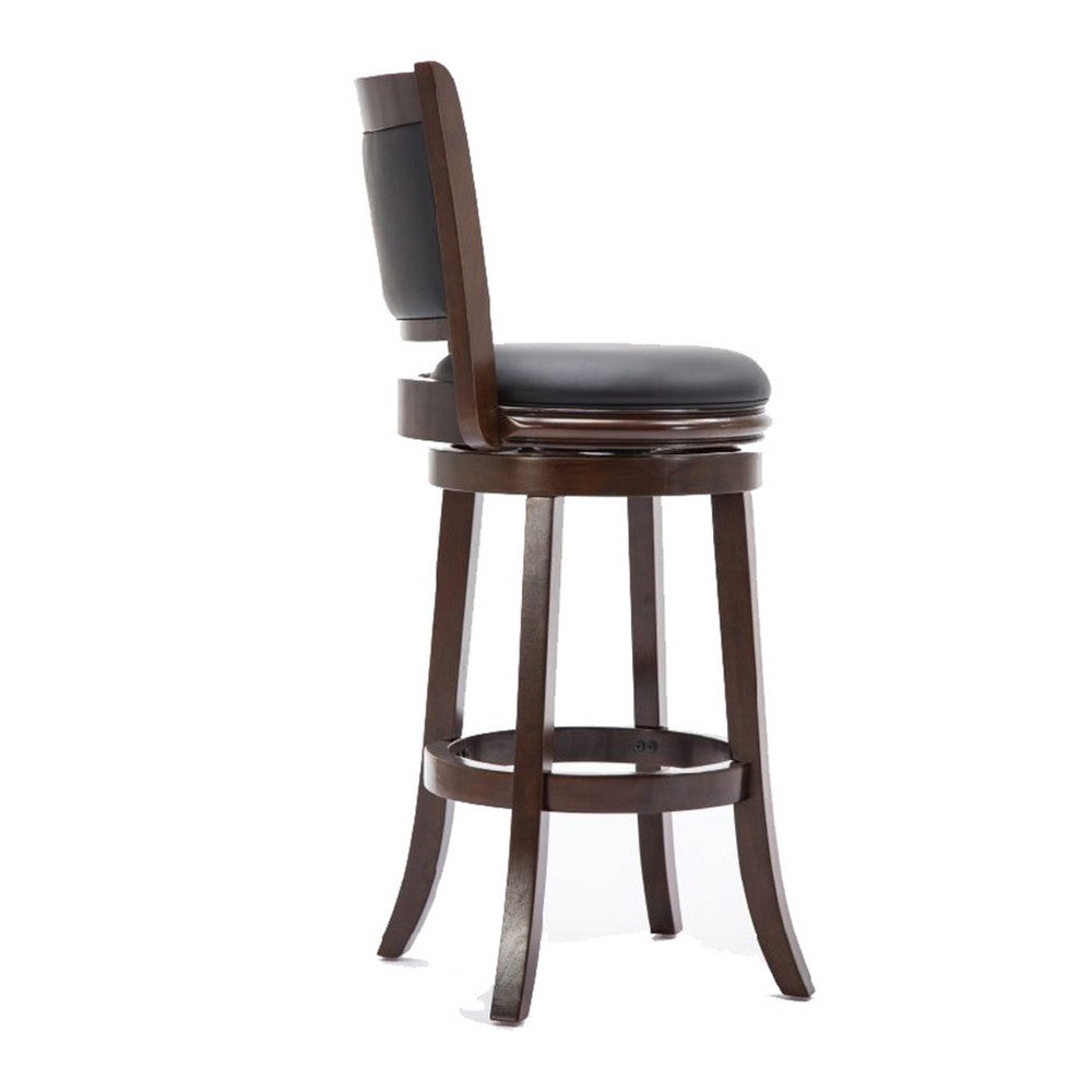 Round Wooden Swivel Barstool with Padded Seat and Back, Dark Brown - BM61367