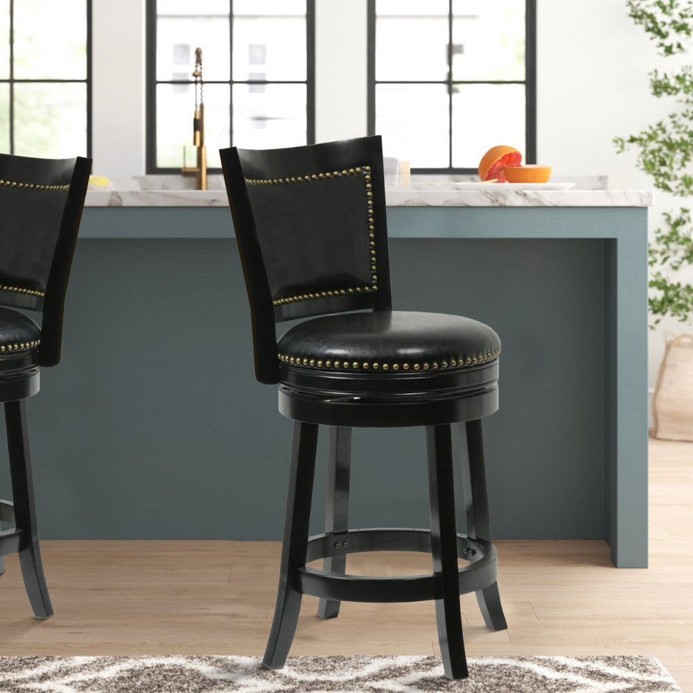 Nailhead Trim Round Leatherette Counter Stool with Flared Legs, Black - BM61372