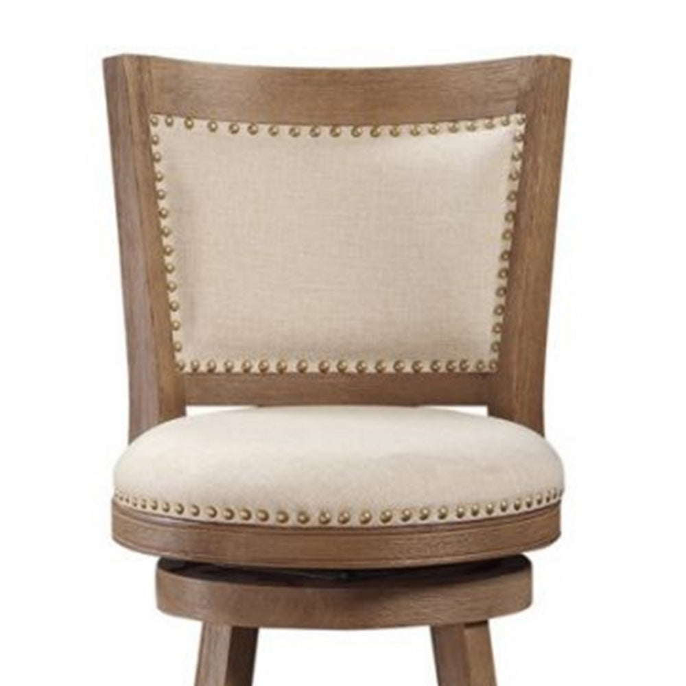 Nailhead Trim Round Barstool with Padded seat and Back, Brown and Beige - BM61379