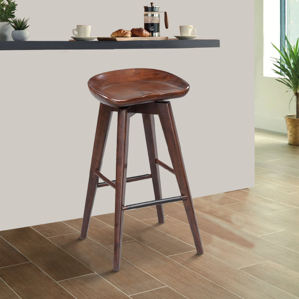 Contoured Seat Wooden Frame Swivel Barstool with Angled Legs, Dark Brown - BM61418