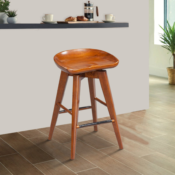 Contoured Seat Wooden Swivel Counter Stool with Angled Legs, Walnut Brown - BM61419