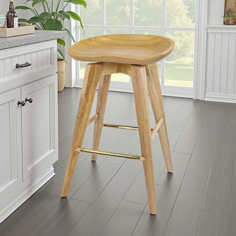 Contoured Seat Wooden Frame Swivel Barstool with Angled Legs, Natural Brown - BM61422