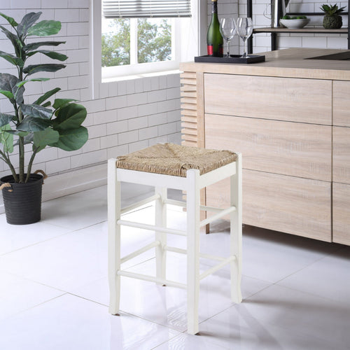 Benjara Square Wooden Frame Counter Stool with Hand Woven Rush