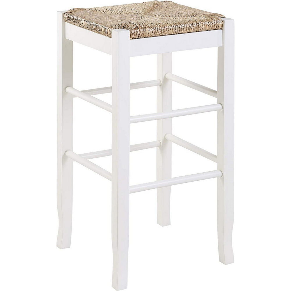 Square Wooden Frame Barstool with Hand Woven Rush, White and Brown - BM61434