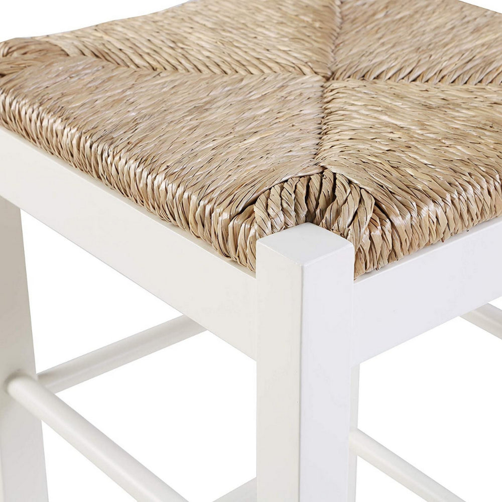 Square Wooden Frame Barstool with Hand Woven Rush, White and Brown - BM61434