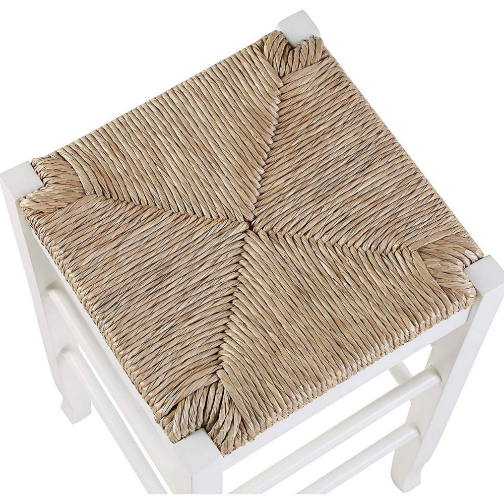 Square Wooden Frame Barstool with Hand Woven Rush, White and Brown - BM61434