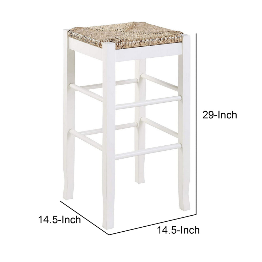 Square Wooden Frame Barstool with Hand Woven Rush, White and Brown - BM61434