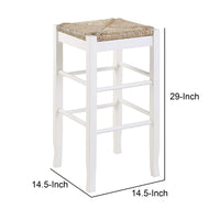 Square Wooden Frame Barstool with Hand Woven Rush, White and Brown - BM61434