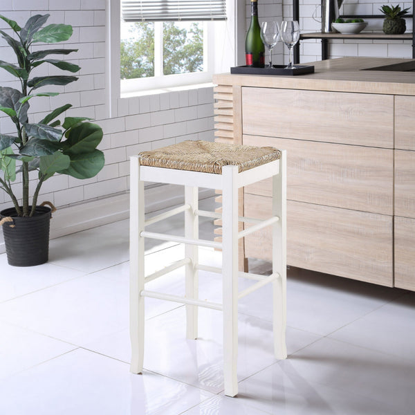 Square Wooden Frame Barstool with Hand Woven Rush, White and Brown - BM61434