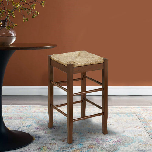 Benjara Rush Woven Wooden Frame Counter Stool with Saber Legs
