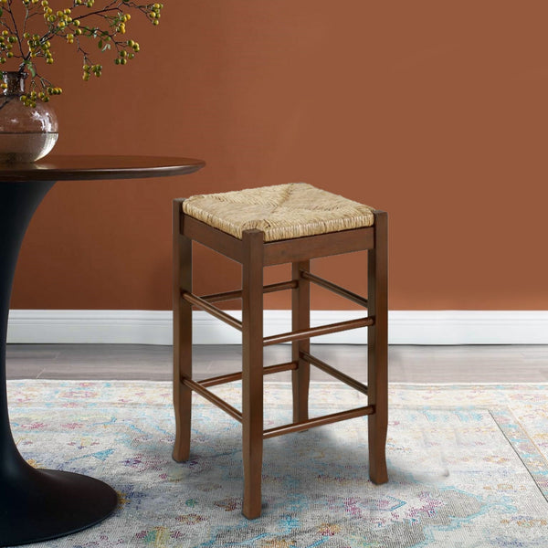 Rush Woven Wooden Frame Counter Stool with Saber Legs, Beige and Dark Brown - BM61435