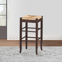 Rush Woven Wooden Frame Barstool with Saber Legs, Beige and Dark Brown - BM61436