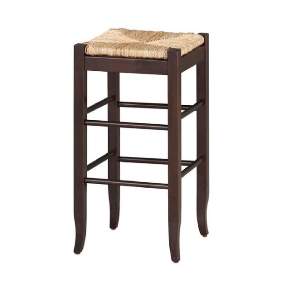 Rush Woven Wooden Frame Barstool with Saber Legs, Beige and Dark Brown - BM61436