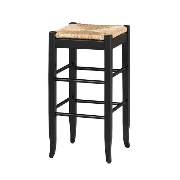 Rush Woven Wooden Frame Barstool with Saber Legs, Beige and Black - BM61438