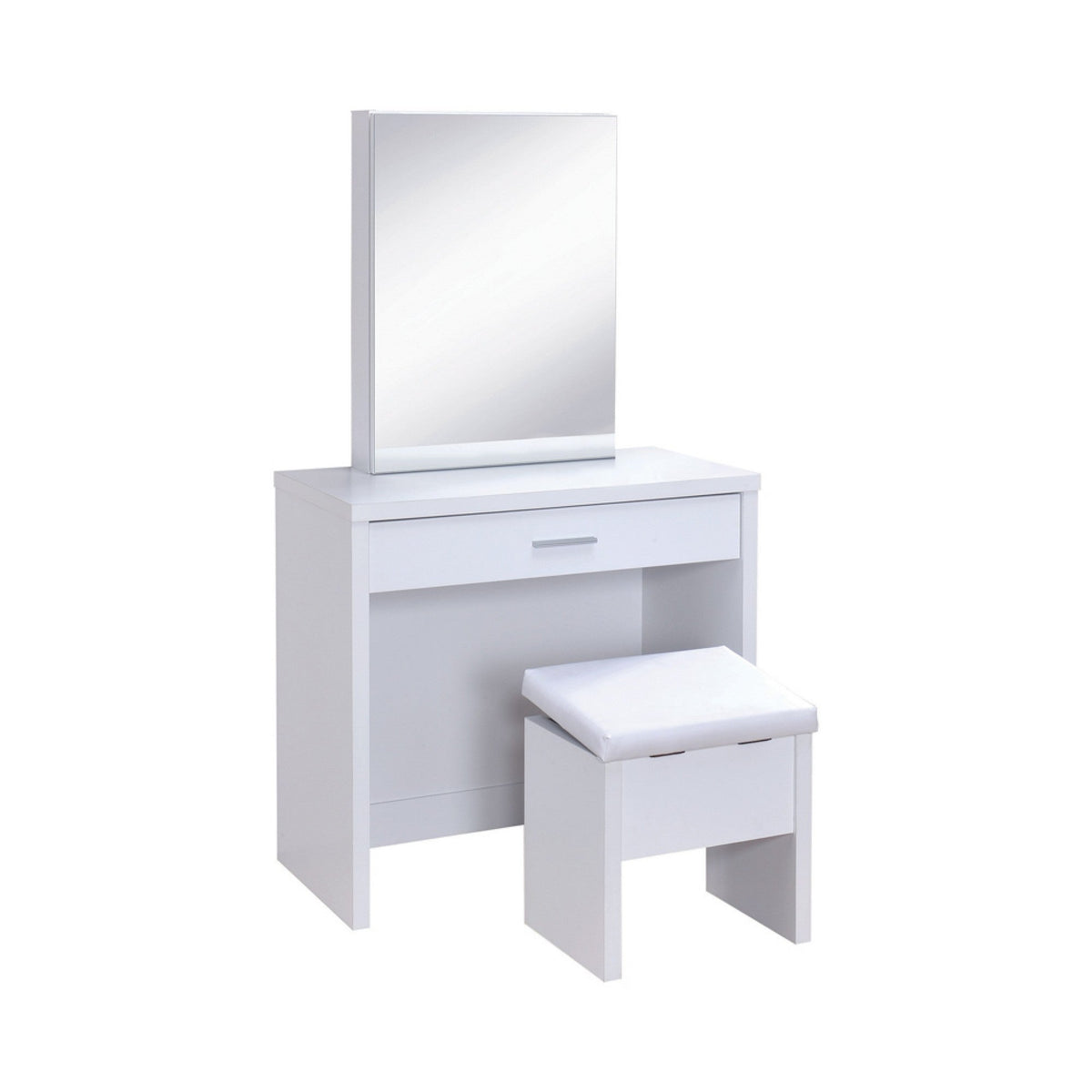 Modish Vanity with Hidden Mirror Storage and Lift Top Stool, 2 Piece, White - BM69566