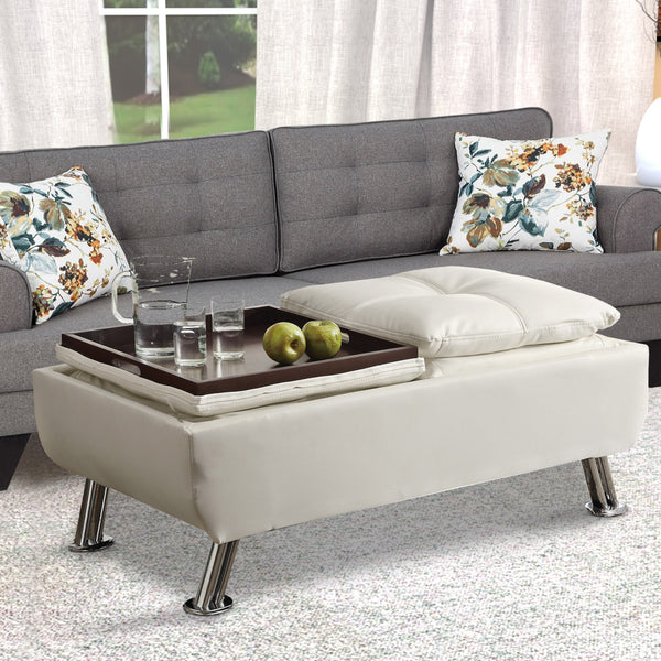 BM69567 Faux Leather Ottoman with Reversible Tray Tops, White