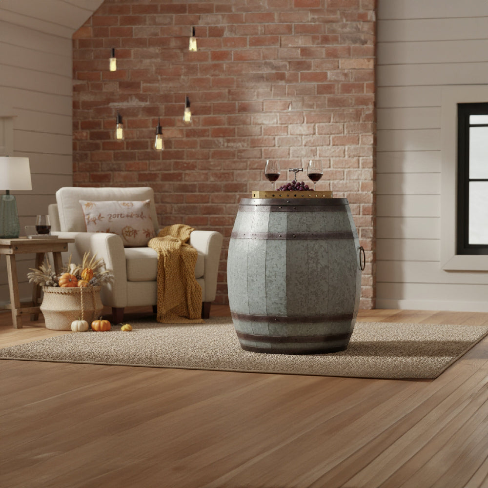 Barrel Drum Shape Storage Table with Removable Lid, Rustic Brown and Gray Metal - BM82436