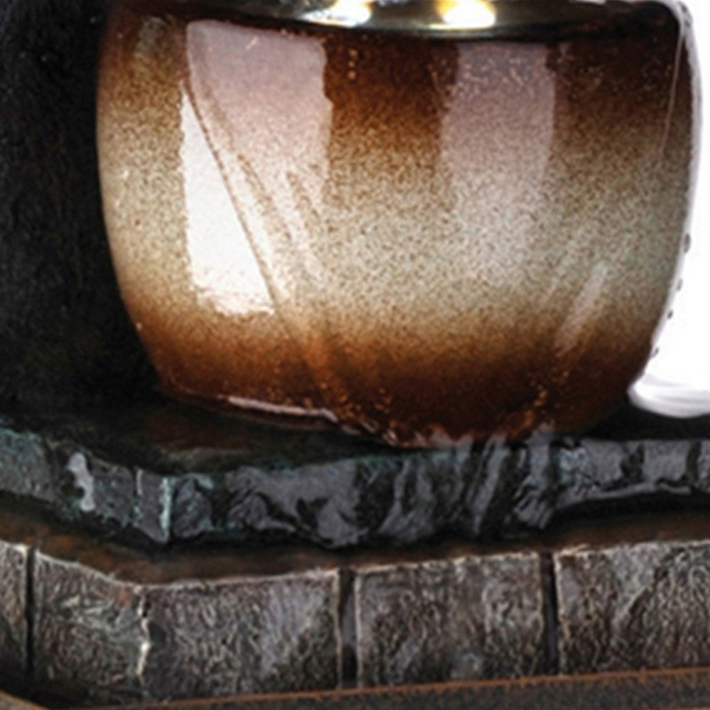 C Shaped Polyresin Frame Fountain with Tapered Base and LED Lights, Brown - BM95352