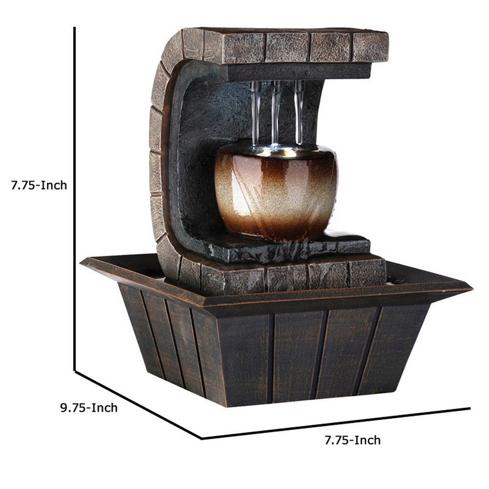 C Shaped Polyresin Frame Fountain with Tapered Base and LED Lights, Brown - BM95352