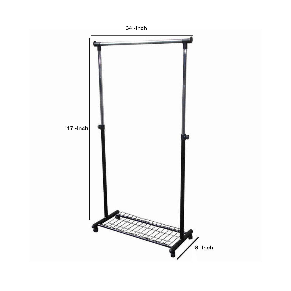 Metal Coat Hanger Rack with Bottom Wired Shelf, Black and Silver  - BM96060