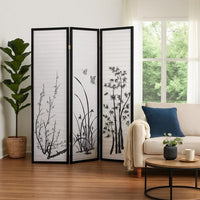 Naturistic Print Wood and Paper 3 Panel Room Divider, White and Black - BM96092