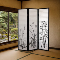 Naturistic Print Wood and Paper 3 Panel Room Divider, White and Black - BM96092