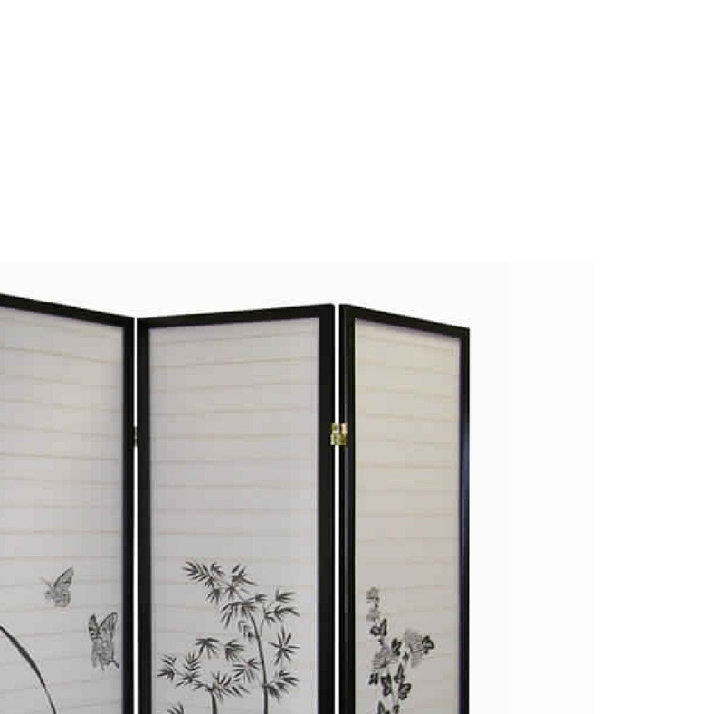 Naturistic Print Wood and Paper 4 Panel Room Divider, White and Black - BM96093