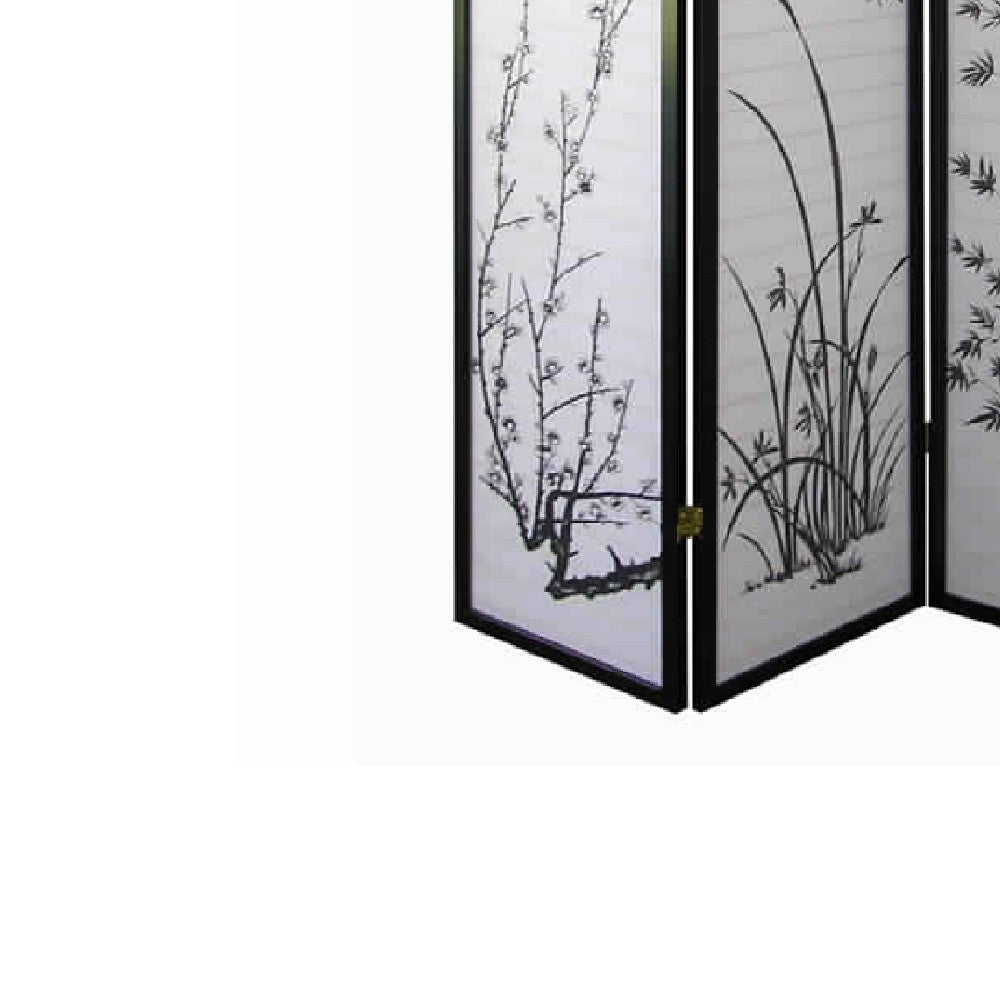 Naturistic Print Wood and Paper 4 Panel Room Divider, White and Black - BM96093