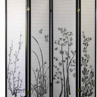 Naturistic Print Wood and Paper 4 Panel Room Divider, White and Black - BM96093