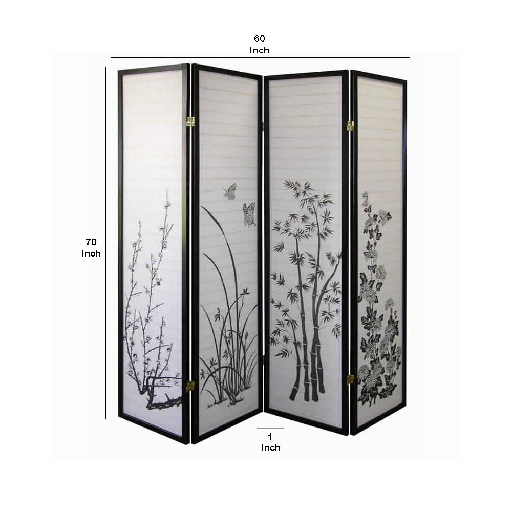 Naturistic Print Wood and Paper 4 Panel Room Divider, White and Black - BM96093