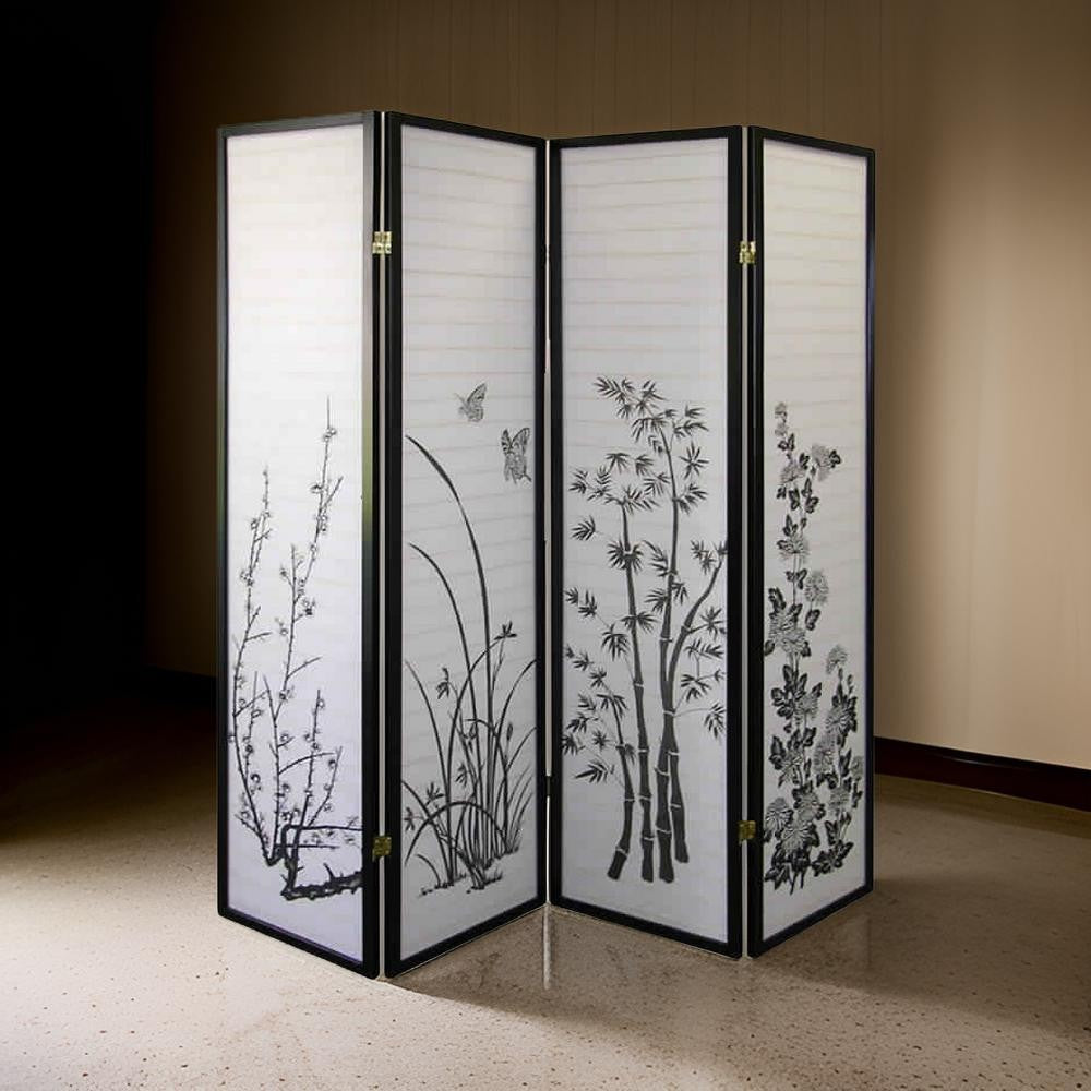 Naturistic Print Wood and Paper 4 Panel Room Divider, White and Black - BM96093