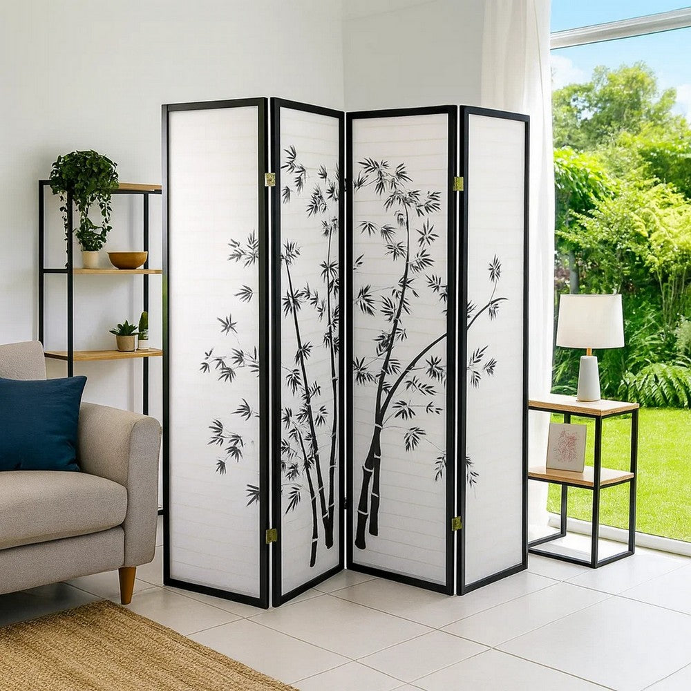 Wood and Paper 4 Panel Room Divider with Bamboo Print, White and Black - BM96095