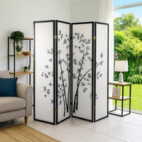 Wood and Paper 4 Panel Room Divider with Bamboo Print, White and Black - BM96095