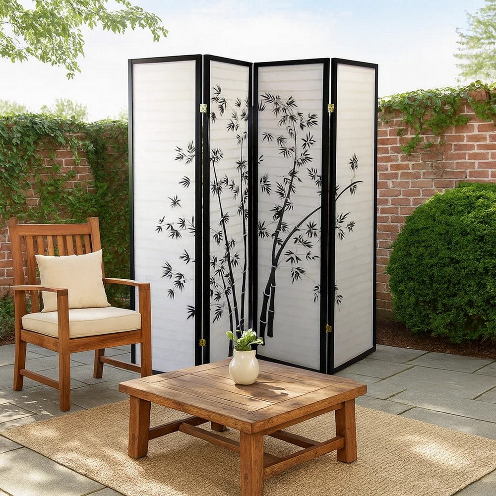 Wood and Paper 4 Panel Room Divider with Bamboo Print, White and Black - BM96095
