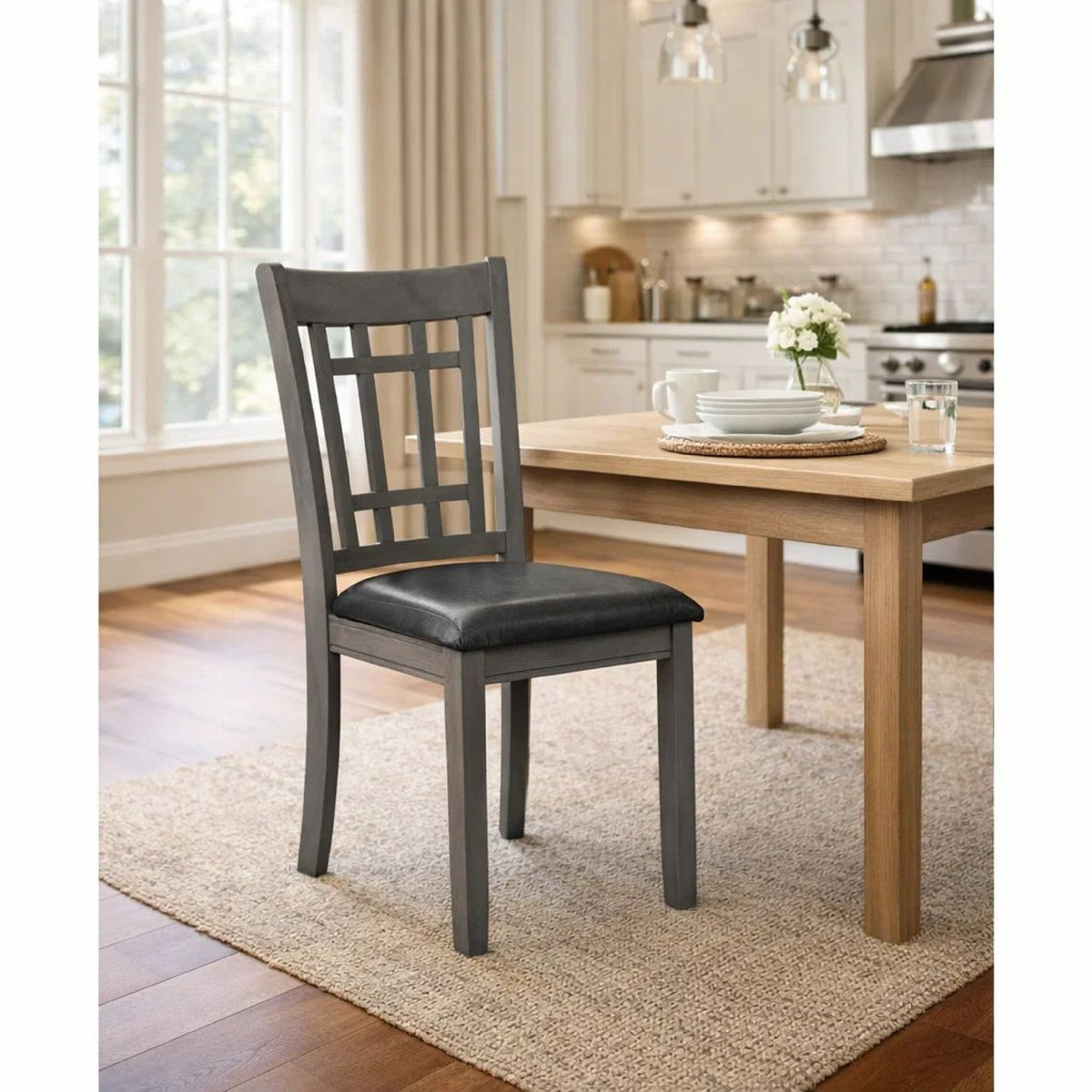 Cutout Back Wooden Dining Chair with Leatherette Seat, Gray and Black, Set of Two - BM196224