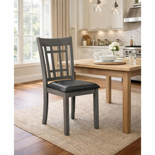 Cutout Back Wooden Dining Chair with Leatherette Seat, Gray and Black, Set of Two - BM196224